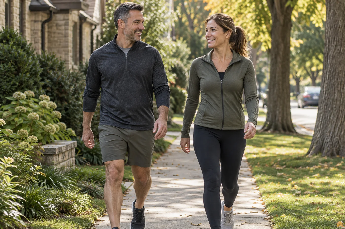 Two adults walking together